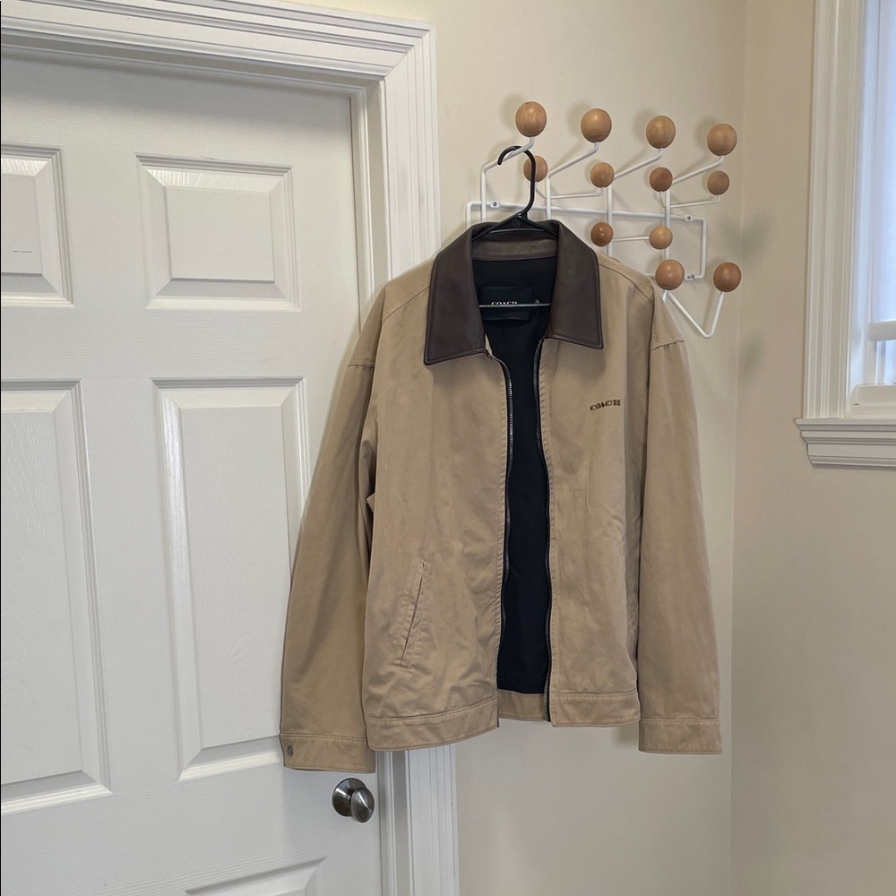 Coach NWOT Twill Work Jacket Two Toned Leather Collar Work Jacket Tan Brown XL